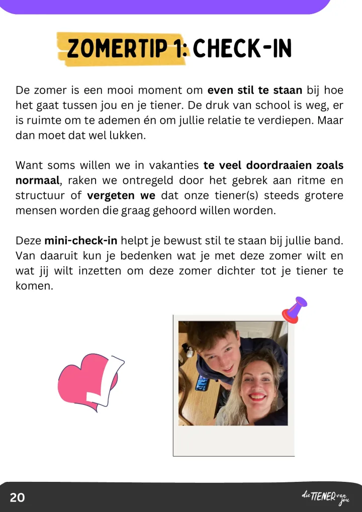Voorbeeldpagina met een zomer check-in voor je tiener