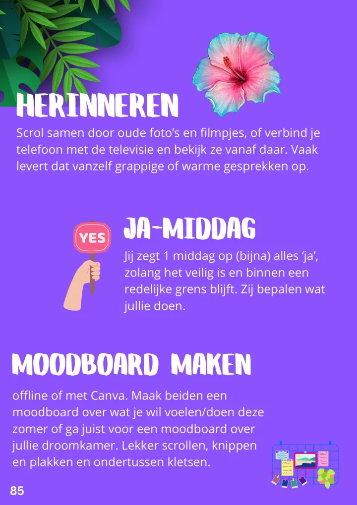 Voorbeeldpagina met doe-ideeen voor thuis en vakantie